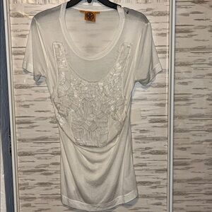 Tory Burch beaded womens size XS Ivory scoop neck short sleeve blouse top w/dfct